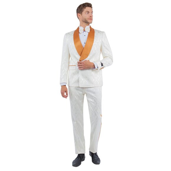 Skinny Fit Rustic Orange Satin Shawl Collar Paisley 2pc Suit Includes Bowtie - Picture 3 of 5